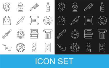 Portable video oyunu konsolu Eskiler sütunu Vinil fırça fırçası antika saat taşı ve Papyrus kaydırma simgesi ayarla. Vektör.