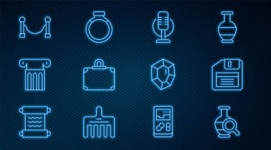 Antik amforae disket mikrofon çanta sütunlu halat bariyer taşı ve altın yüzük ikonunu ayarla. Vektör.