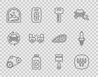 Hat zaman ayarlı kemer takımı vites değiştirici araba anahtarını motor yağı kutusu motor yağı motor yağı göstergesi pistonu ve buji ikonu için uzaktan kumanda kutusuyla ayarla. Vektör.