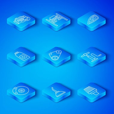 Hat oto fren diskini motor yağı pompası farları için ayarlayın. Motor yağı pompası kontrol motoru ve filtre simgesi. Vektör.