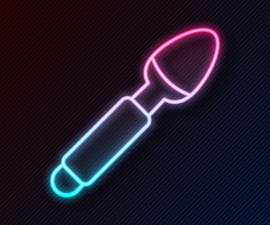 Parlayan neon çizgisi, siyah arka planda izole edilmiş gümüş kaşık ikonu. Mutfak aletleri. Çatal bıçak seti. Vektör.