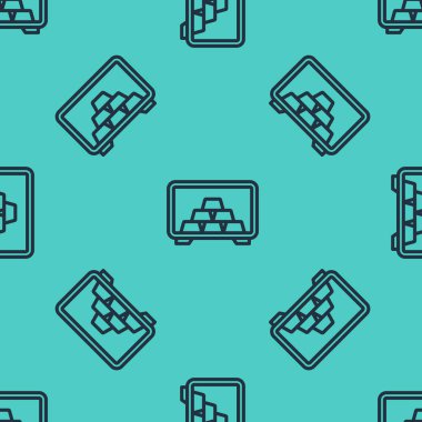 Yeşil arka planda izole edilmiş altın külçeli siyah hat kasası. Bankada değerli metaller var. Metalik hazine. Güvenilir veri koruması. Vektör.