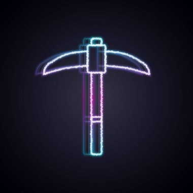 Parlayan neon çizgisi Kazma simgesi siyah arkaplanda izole edildi. Vektör.