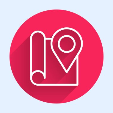 Konum imleci simgesi uzun gölge arkaplan izole edilmiş beyaz çizgi haritası. Kırmızı daire düğmesi. Vektör.