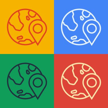 Dünya ikonundaki pop sanat çizgisi konumu renk arkaplanında izole edilmiş. Dünya ya da Dünya işareti. Vektör.