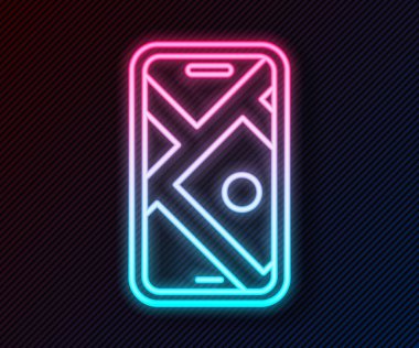 Şehir haritası yön bulma simgesinin parlayan neon hattı bilgileri siyah arkaplanda izole edildi. Mobil Uygulama Arayüzü tasarımı. Coğrafi konsept. Vektör.