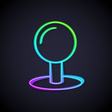 Parlayan neon çizgisi siyah arkaplanda Push pin simgesi izole edildi. Raptiye işareti. Vektör.