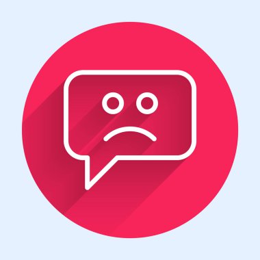 Beyaz çizgi üzgün gülümseme ikonu uzun gölge arkaplan izole. Duygusal yüz ifadesi. Kırmızı daire düğmesi. Vektör.