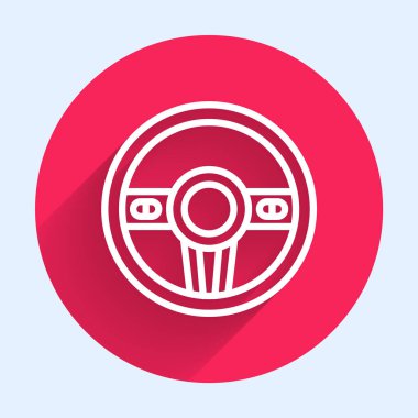 Beyaz çizgili direksiyon simgesi uzun gölge arkaplanı ile izole edilmiş. Araba tekeri ikonu. Kırmızı daire düğmesi. Vektör.