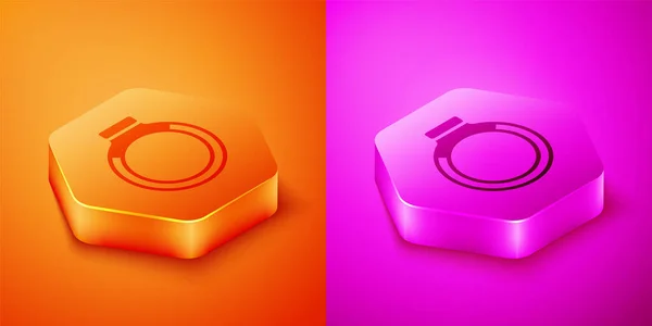 Isometrisches Goldringsymbol Isoliert Auf Orangefarbenem Und Rosa Hintergrund Sechseck Taste — Stockvektor