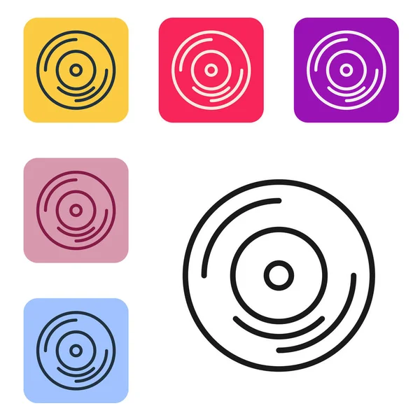 Siyah çizgi Vinil disk simgesi beyaz arkaplanda izole edildi. Renkli kare düğmelerle simgeleri ayarla. Vektör.