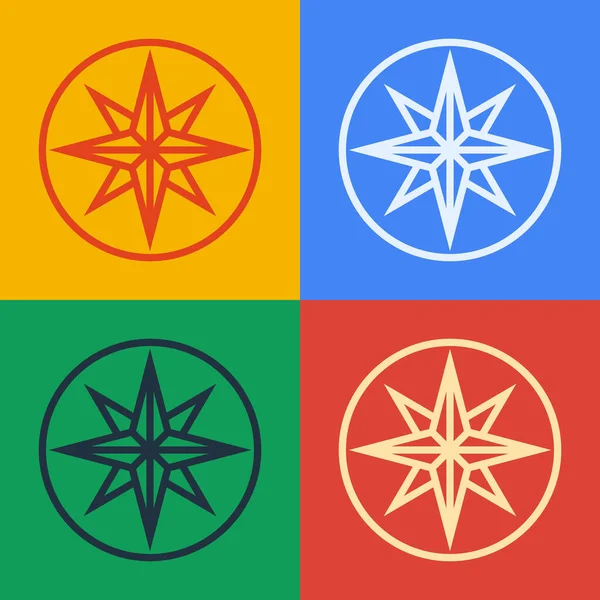 Pop sanat eseri Rüzgar gülü simgesi renk arkaplanında izole edildi. Seyahat için pusula simgesi. Navigasyon tasarımı. Vektör.