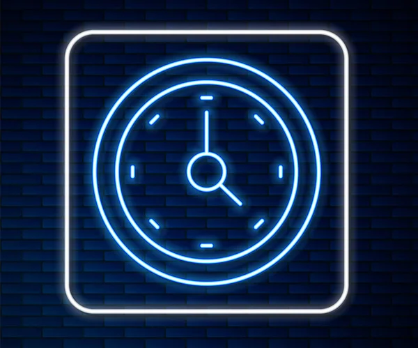 Icono Reloj Línea Neón Brillante Aislado Fondo Pared Ladrillo Símbolo — Vector de stock