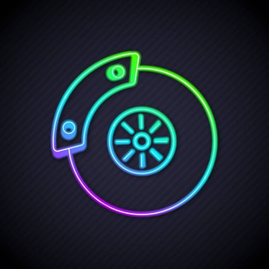 Siyah arkaplanda izole edilmiş kalibre ikonu olan parlak neon çizgili araba fren diski. Vektör.