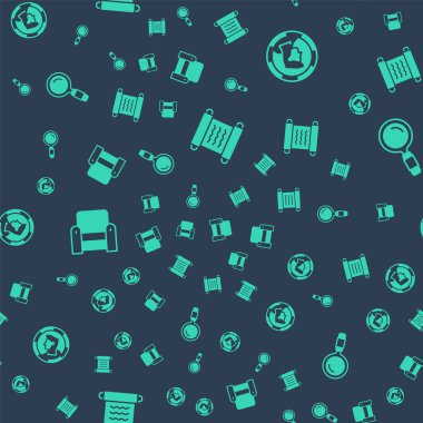 Papirüs parşömeni Kadim madeni para koltuğu ve büyüteçle kusursuz deseni ayarla. Vektör.