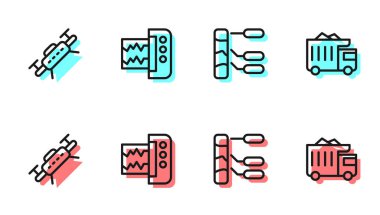 Toprak Analizi Drone Sismografı ve Madencilik çöp kamyonu ikonunu ayarla. Vektör.