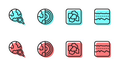 Altın külçeli büyüteç, Dünya 'nın çekirdek kabuğu ve toprak katman ikonuyla aynı hizada. Vektör.