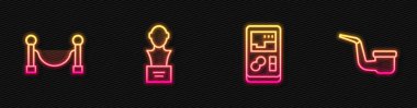 Portable video oyunu konsolu halat bariyeri alçıtaşı heykel büstü ve sigara piposu ayarlayın. Parlayan neon ikonu. Vektör.