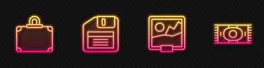 Resim Çantası Disket ve Klasik halı satırını ayarla. Parlayan neon ikonu. Vektör.