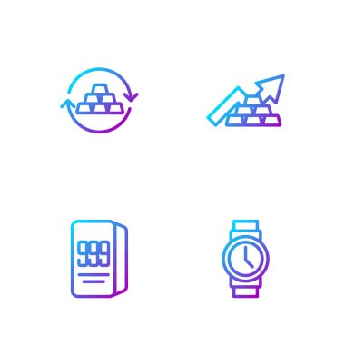 Bileklik saat, Altın külçeleri, takas parası ve altınla büyüyen ok. Renk simgeleri. Vektör.