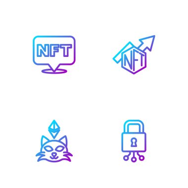 Siber güvenlik hattı NFT dijital şifreleme ve büyüme çubuğu grafiğini ayarla. Renk simgeleri. Vektör.