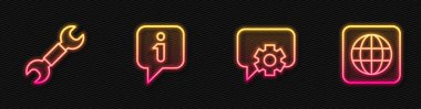 Telefon hattını 24 saat destekle Wrench anahtar bilgisi ve dünya çapında. Parlayan neon ikonu. Vektör.