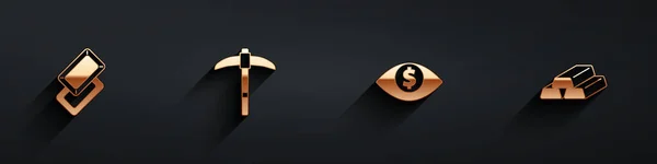 Set Gold Bars Pickaxe Eye Avec Dollar Icône Avec Ombre — Image vectorielle