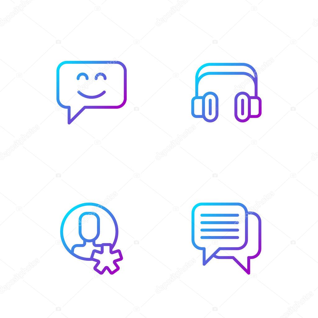Set line Speech bubble chat Elected employee Smile face and Headphones. Gradient color icons. Vector.