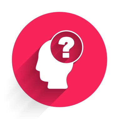 Soru işareti simgesi olan beyaz insan kafası uzun gölgelerle izole edilmiş. Kırmızı daire düğmesi. Vektör.