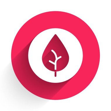 Beyaz çay yaprağı simgesi uzun gölge arkaplan izole. Çay yaprakları. Kırmızı daire düğmesi. Vektör.