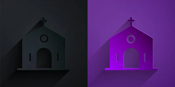 Paper Cut Church Building Icon Isolated Black Purple Background Christian — ストックベクタ