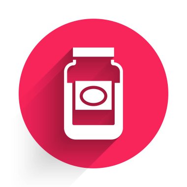 Beyaz reçel kavanozu ikonu uzun gölge arkaplanı ile izole edilmiş. Kırmızı daire düğmesi. Vektör.