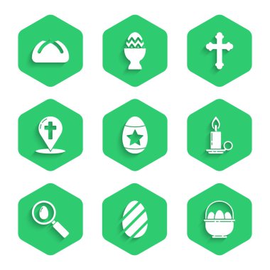 Paskalya yumurtası sepeti, paskalya yumurtaları, mum yakma, arama haritası, Hıristiyan haçı ve pasta ikonu. Vektör.