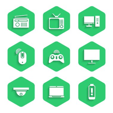 Kablosuz oyun alanı dizüstü bilgisayar şarj seviyesi göstergesi Bilgisayar ekranı monitörü fare ve Radyo anten simgesini anten simgesi ile ayarla. Vektör.