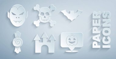 Uçan yarasa Şeker Balkabağı Kafatası 'nı çapraz kemikler ve vampir ikonu yap. Vektör.