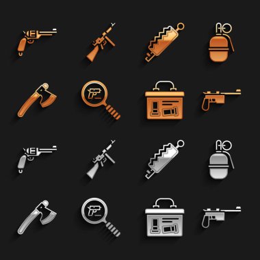 Tabancayı ya da silahı, el bombasını, Mauser Askeri mühimmat kutusunu tahta baltayı, Tabanca Tuzaklı Tabancayı ve Tommy ikonunu aramaya ayarlayın. Vektör.