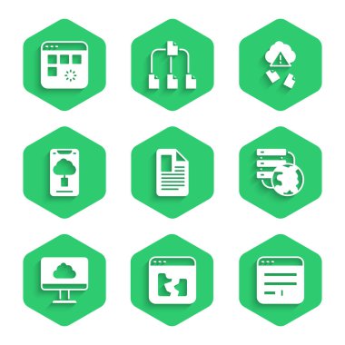 Dosya belgesini ayarla Kırık dosya Tarayıcı Ağı bulut bağlantısı Bulut teknoloji veri aktarımı hack 'leme ve simge yükleme. Vektör.