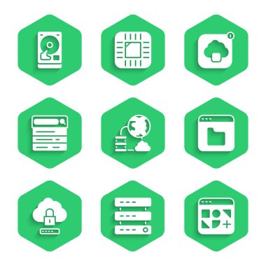 Ağ bağlantısı Server Data Web Sunucusu Farklı dosyalara ev sahipliği yapıyor Tarayıcı Bulutu bilgisayar kilidi, motor teknolojisi veri transferi ve sabit disk sürücüsü HDD simgesini ayarlayın. Vektör.