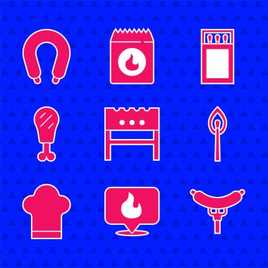 Barbekü, barbekü ve kibrit kutusu, kibrit kutusu ve kibrit kutusuyla yanan sosis, çatal, kibrit yakma kibriti ayarlayın. Vektör.