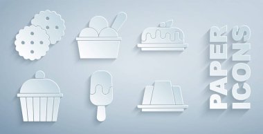 Dondurmalı Jöleli Kek 'i kaseye, Kurabiye' yi ya da bisküvi ikonunu da koy. Vektör.