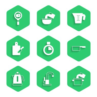 Stopwatch Su Musluğu Tencere Elektrikli Tencere Kesme tahtası ve Bıçak Ölçme kabı ve kızarmış yumurta kızartma ikonu. Vektör.