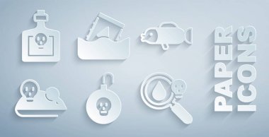 Nükleer bomba kirpi balığı deneysel fare zehri büyüteci, radyoaktif atık varili ve iksir ikonuyla şişeyi hazırla. Vektör.