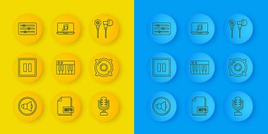 Hat Hoparlörü Sesi Duraklat düğmesi Müzik Sentezleyici Mikrofon Ses Karıştırıcı Ses Karıştırıcı Hava Kulaklığı ve Müzik Notası simgesi ile Laptop ayarlayın. Vektör.