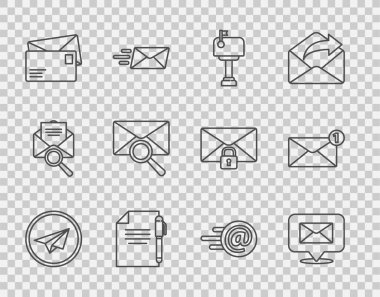 Zarf Posta Kutusu Belgesi ve Kalem Büyüteç cam e-posta ve simgesi ile Kağıt düzlem konuşma baloncuğu ayarla. Vektör.