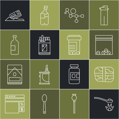 Kokain, plastik uyuşturucu, kenevir, molekül, açık sigara, paket alkol, kokain, kredi kartı ve ilaç ikonu içeren kaşık eroin paketini hazırla. Vektör.