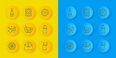 Firework Festive Festive konfetisini hazırla. Hafif sıcak şarap şişesine karışık punç. Şampanya şişesi ve LSD asit işareti ikonu. Vektör.