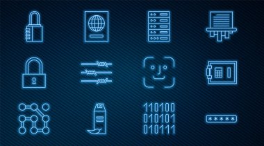 Satır Parola Koruması Güvenli Sunucu Web Ev Sahipliği Dikenli tel kilidi kombinasyonu Yüz Tanıma ve Pasaport simgesi. Vektör.