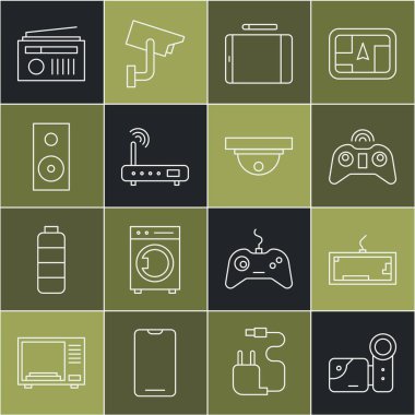 Sinema kamerası Klavye Kablosuz oyun platformu Graphic tablet Router ve kablosuz ağ sinyali Stereo hoparlörü anten ve hareket sensör simgesi ile ayarla. Vektör.