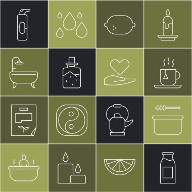 Sütlü sauna kovası ve çay poşeti limonlu spa spreyi, saç spreyi ve kalp ikonu için sprey sprey kutusu. Vektör.