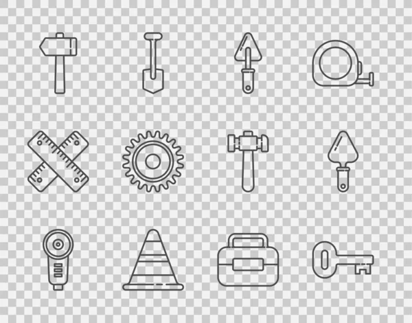 Establecer Línea Ángulo Amoladora Llaves Antiguas Paleta Cono Tráfico Martillo — Archivo Imágenes Vectoriales